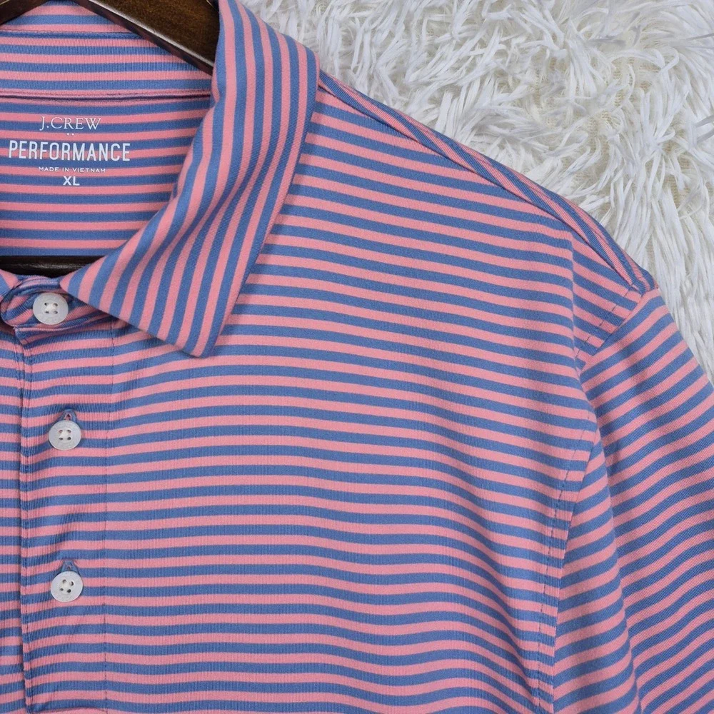 J. Crew Performance Polo Shirt Mens XL Pink Blue Striped Short Sleeve CE838 Golf